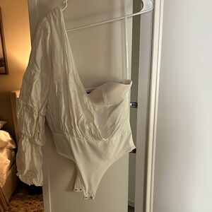 NBD Cream One-Shoulder Long-Sleeve Bodysuit with Built-In Bra